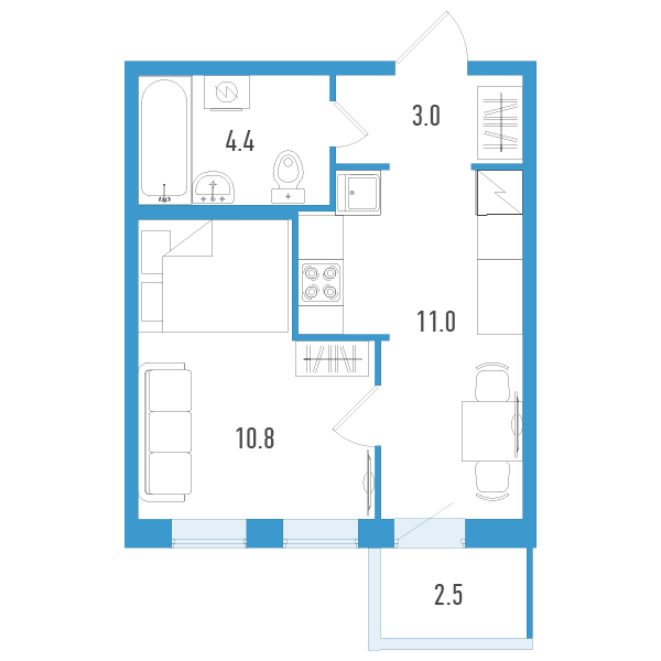 1-комнатная квартира, 30 м² - планировка, фото №1
