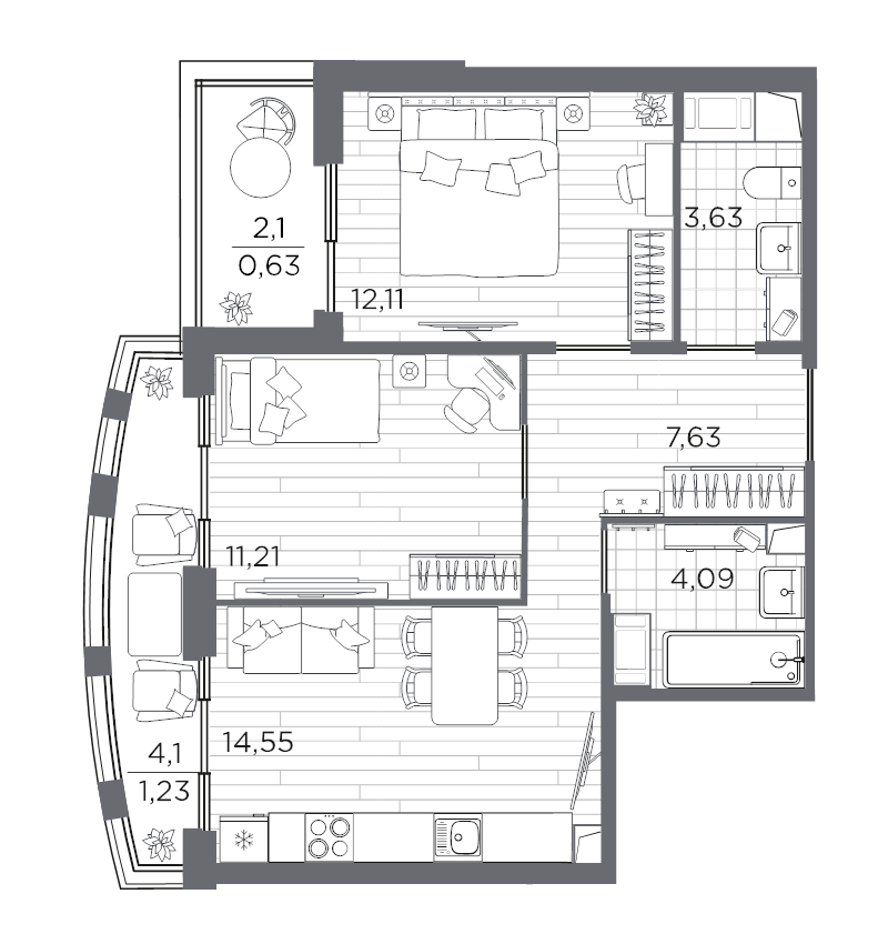 2-комнатная квартира, 55.08 м² в ЖК "Respect" - планировка, фото №1