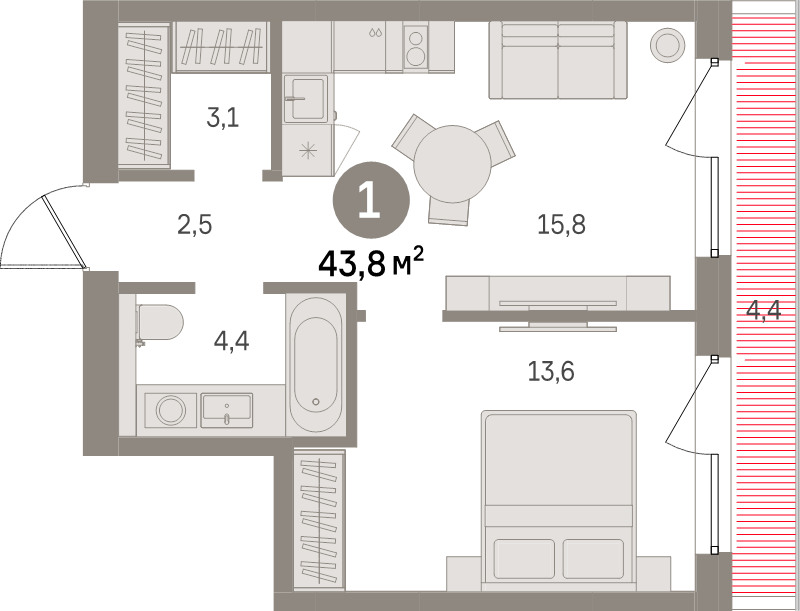 2-комнатная (Евро) квартира, 43.8 м² в ЖК "Северный ветер" - планировка, фото №1