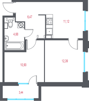 2-комнатная квартира, 46.59 м² в ЖК "Город-спутник Южный" - планировка, фото №1
