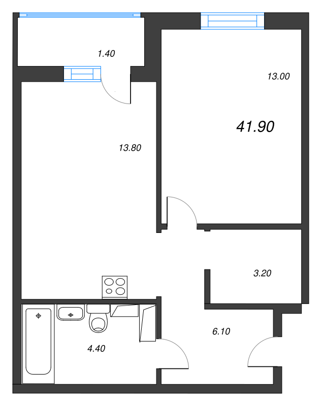 1-комнатная квартира, 41.9 м² - планировка, фото №1