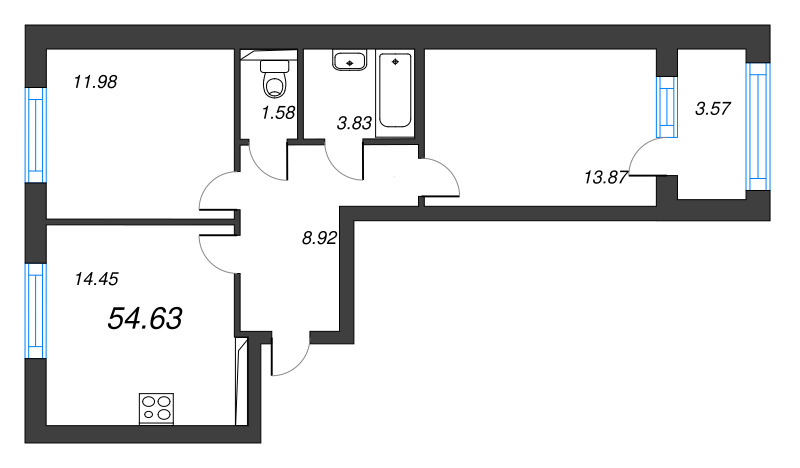 2-комнатная квартира, 56.42 м² - планировка, фото №1