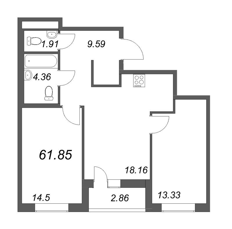 3-комнатная (Евро) квартира, 64.71 м² - планировка, фото №1