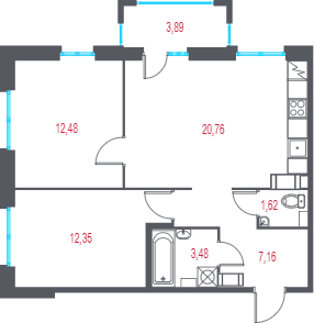 3-комнатная (Евро) квартира, 59.02 м² в ЖК "Город-спутник Южный" - планировка, фото №1