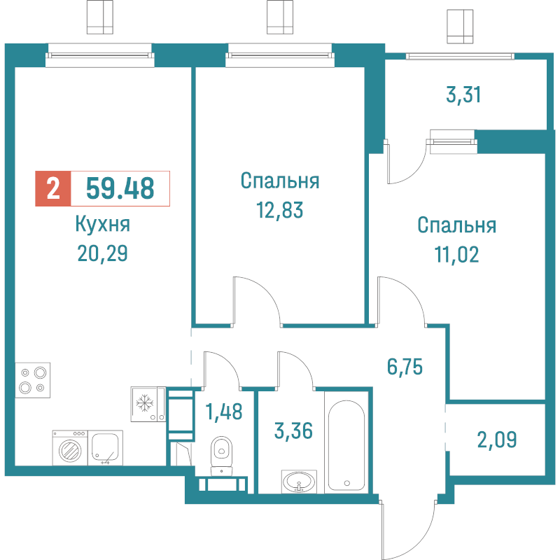 3-комнатная (Евро) квартира, 59.48 м² в ЖК "Графика" - планировка, фото №1