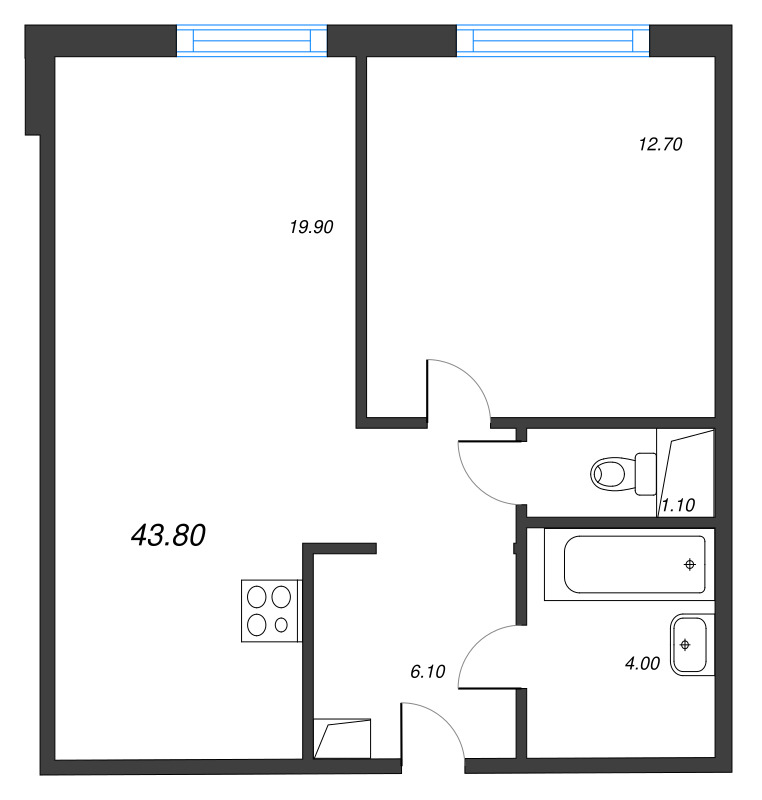2-комнатная (Евро) квартира, 43.8 м² в ЖК "Руднева 15" - планировка, фото №1