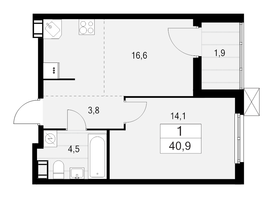 2-комнатная (Евро) квартира, 40.9 м² - планировка, фото №1