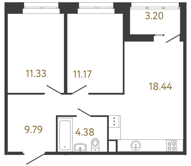 3-комнатная (Евро) квартира, 55.11 м² - планировка, фото №1