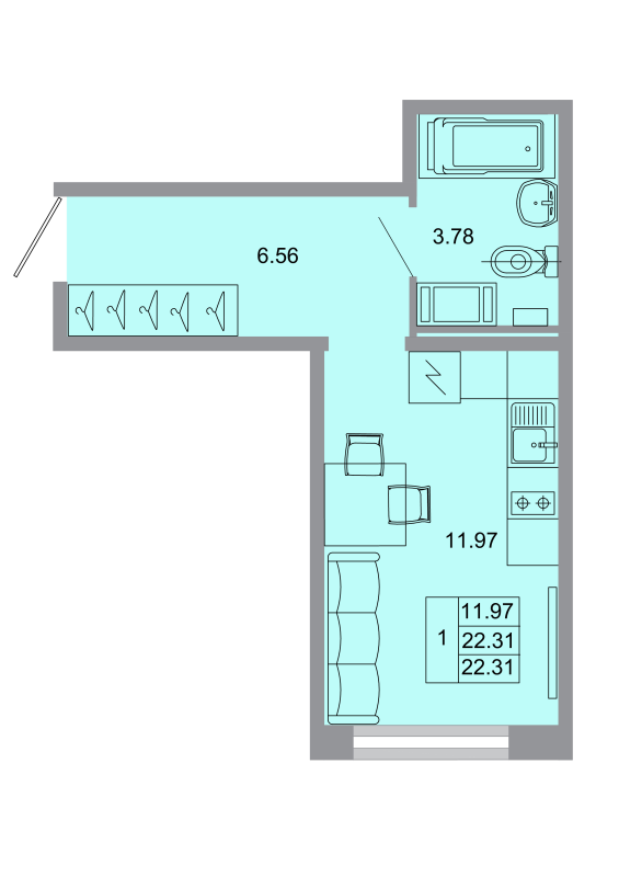 Квартира-студия, 21.7 м² - планировка, фото №1