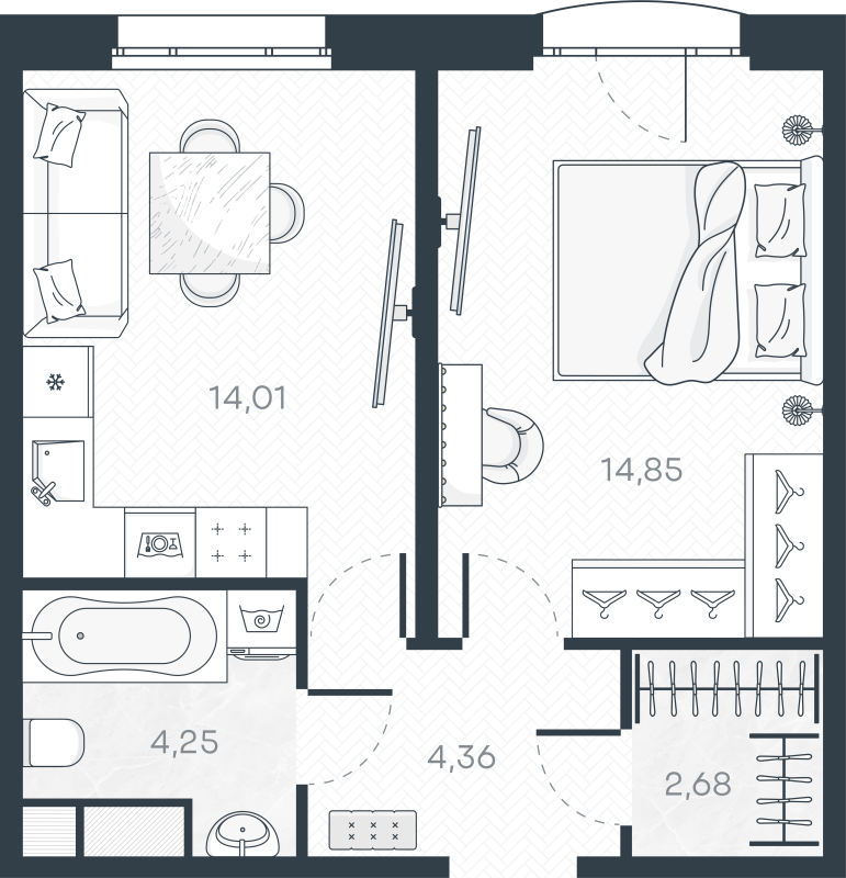 1-комнатная квартира, 40.75 м² в ЖК "MONODOM-ART" - планировка, фото №1