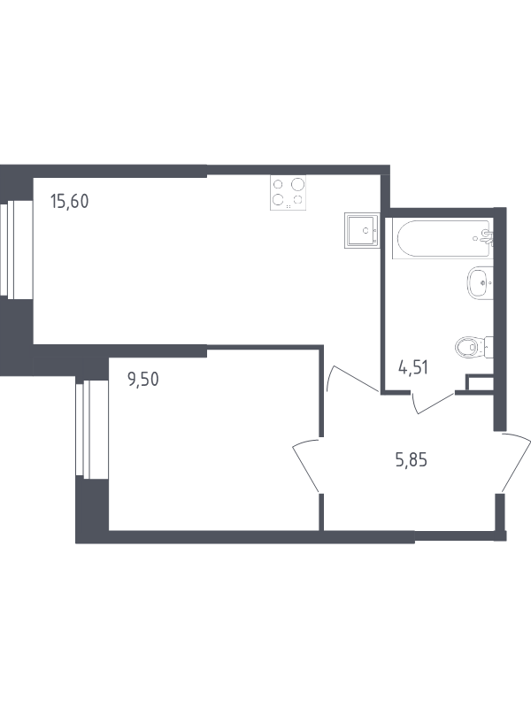 2-комнатная (Евро) квартира, 35.46 м² - планировка, фото №1