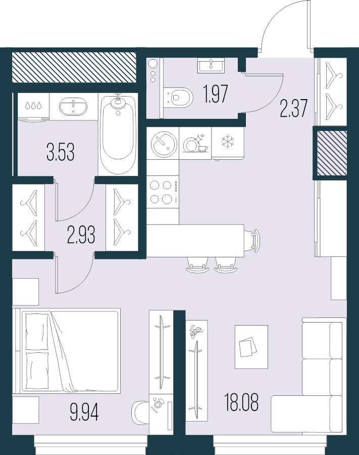 2-комнатная (Евро) квартира, 38.82 м² в ЖК "Новая Земля" - планировка, фото №1