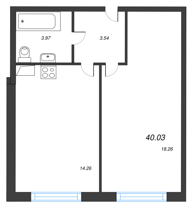 1-комнатная квартира, 40.03 м² - планировка, фото №1