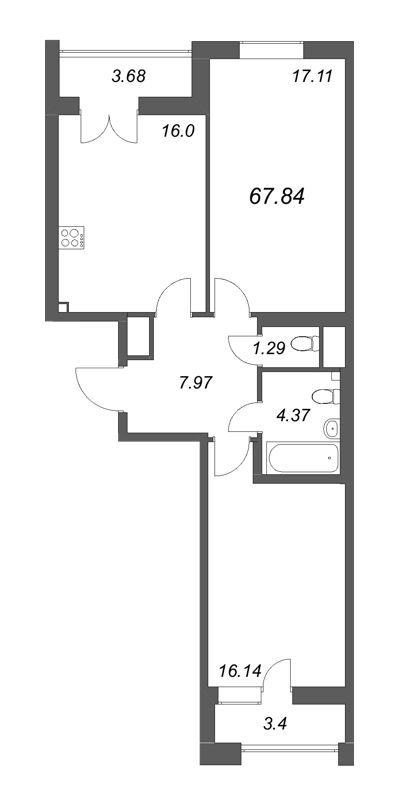 2-комнатная квартира, 67.84 м² - планировка, фото №1