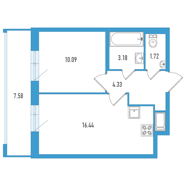 2-комнатная (Евро) квартира, 38.03 м² в ЖК "Искра-Сити" - планировка, фото №1