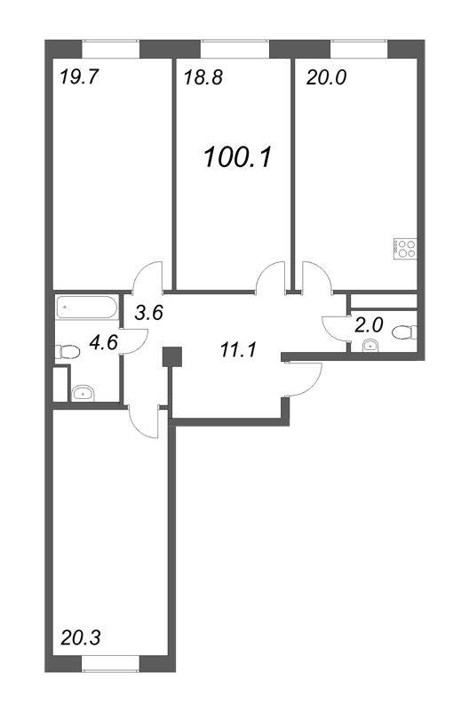 4-комнатная (Евро) квартира, 100.6 м² - планировка, фото №1