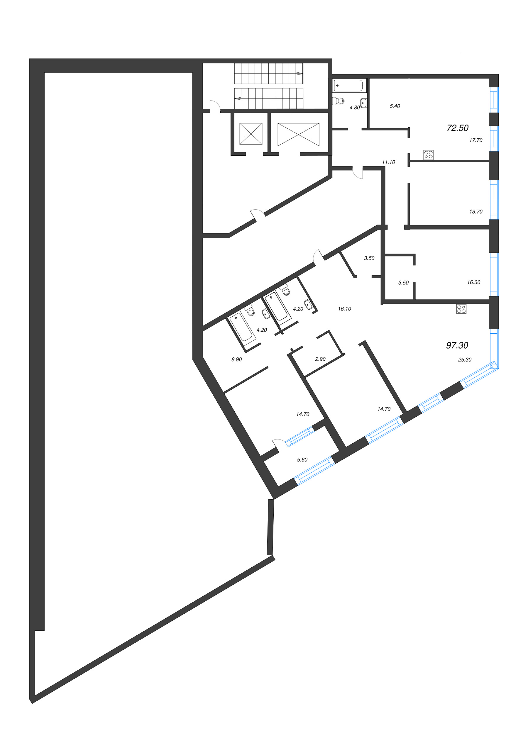 3-комнатная (Евро) квартира, 97.3 м² - планировка этажа