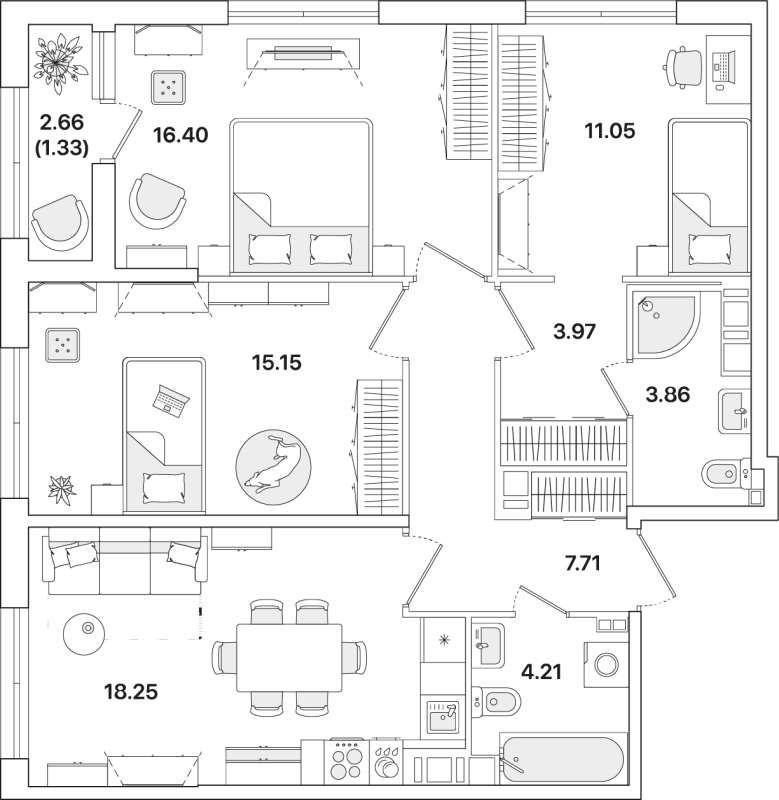 3-комнатная квартира, 81.93 м² - планировка, фото №1