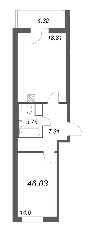 2-комнатная (Евро) квартира, 46.03 м² - планировка, фото №1
