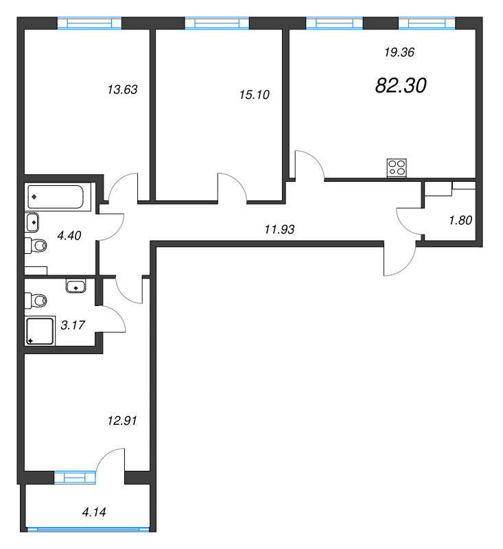 4-комнатная (Евро) квартира, 82.3 м² в ЖК "Любоград" - планировка, фото №1