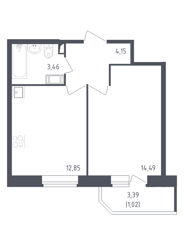 1-комнатная квартира, 35.97 м² - планировка, фото №1