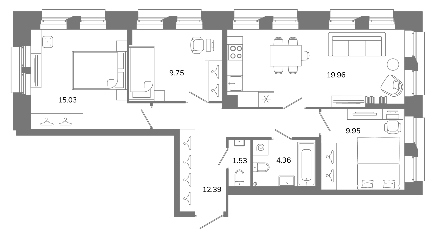 4-комнатная (Евро) квартира, 72.97 м² в ЖК "Твой космос" - планировка, фото №1