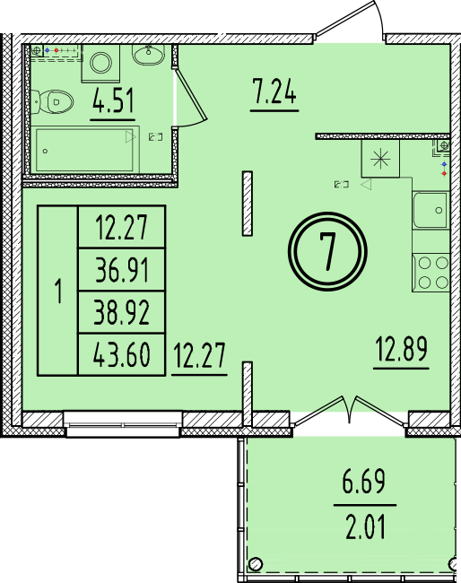 1-комнатная квартира, 36.91 м² в ЖК "Образцовый квартал 6.4" - планировка, фото №1