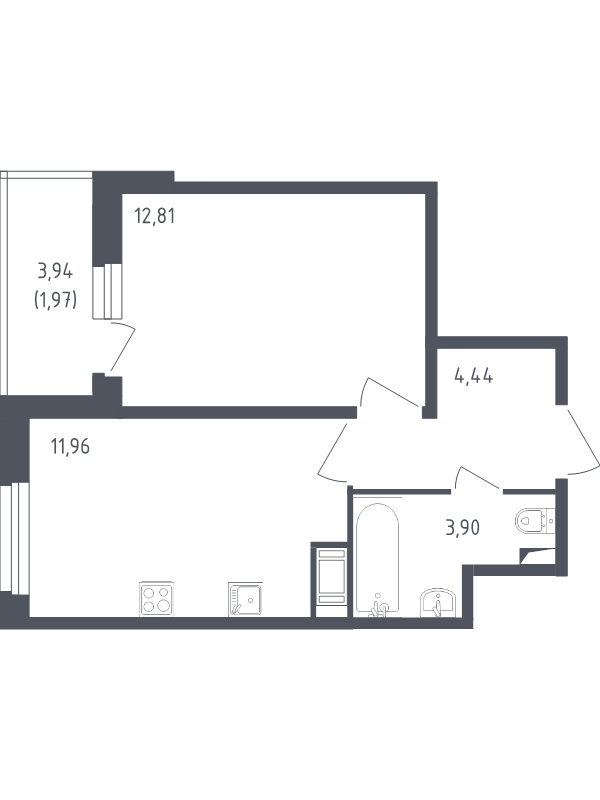 1-комнатная квартира, 35.08 м² - планировка, фото №1