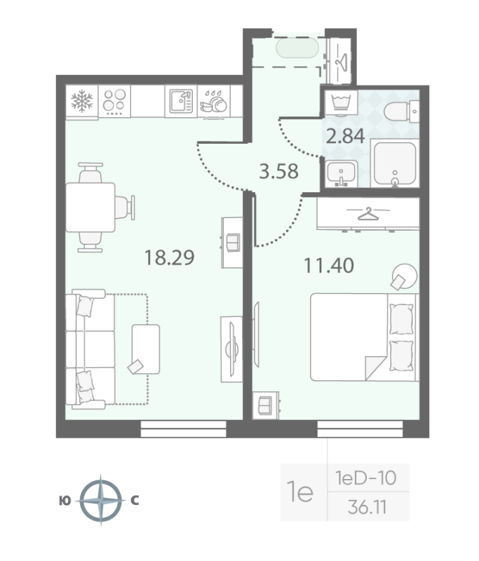 1-комнатная квартира, 36.11 м² в ЖК "Морская миля" - планировка, фото №1