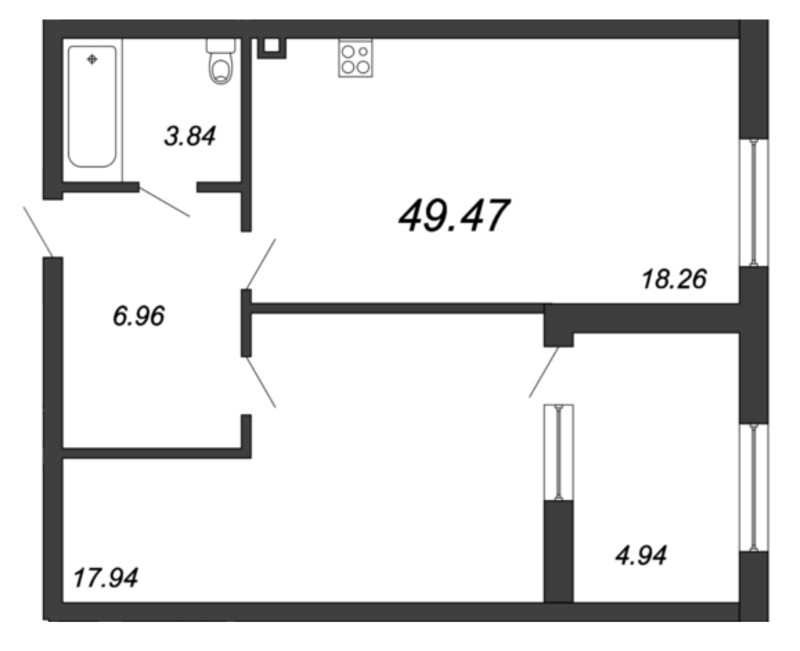 1-комнатная квартира, 50.1 м² - планировка, фото №1