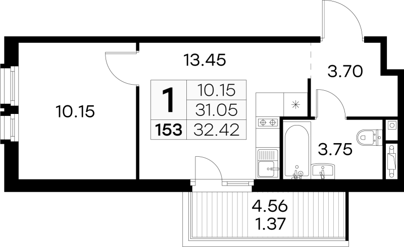 1-комнатная квартира, 32.42 м² в ЖК "GloraX Парголово" - планировка, фото №1