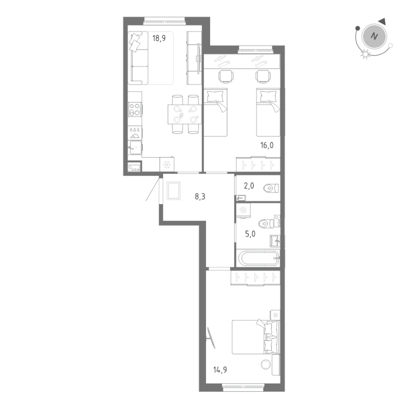 3-комнатная (Евро) квартира, 65.1 м² в ЖК "Клюква.Парк" - планировка, фото №1