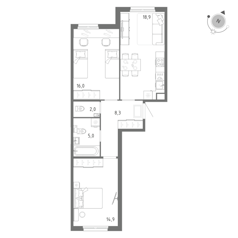 3-комнатная (Евро) квартира, 65.1 м² в ЖК "Клюква.Парк" - планировка, фото №1