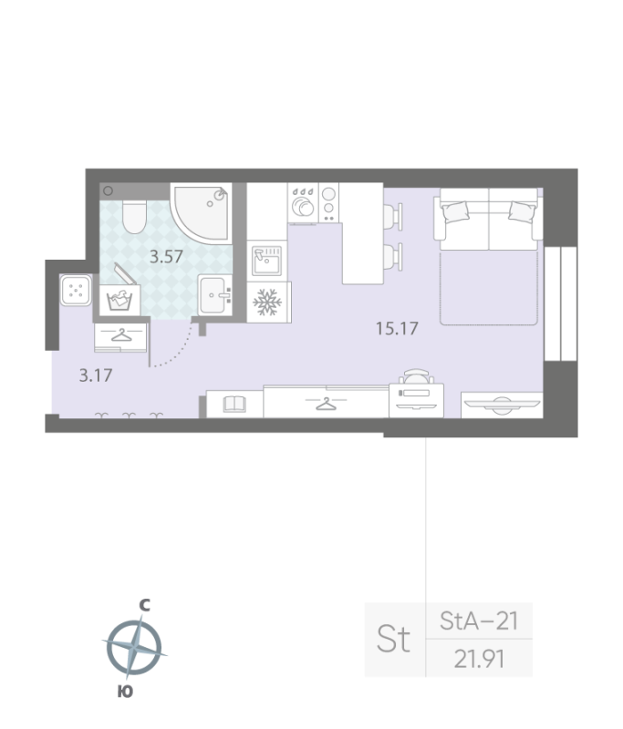 Квартира-студия, 21.91 м² в ЖК "Цивилизация на неве" - планировка, фото №1