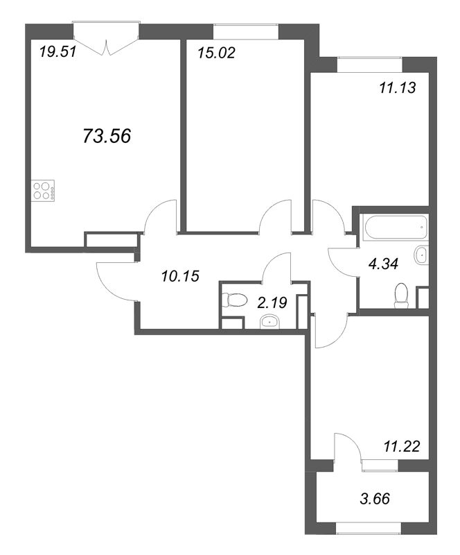 4-комнатная (Евро) квартира, 73.56 м² в ЖК "Дубровский" - планировка, фото №1