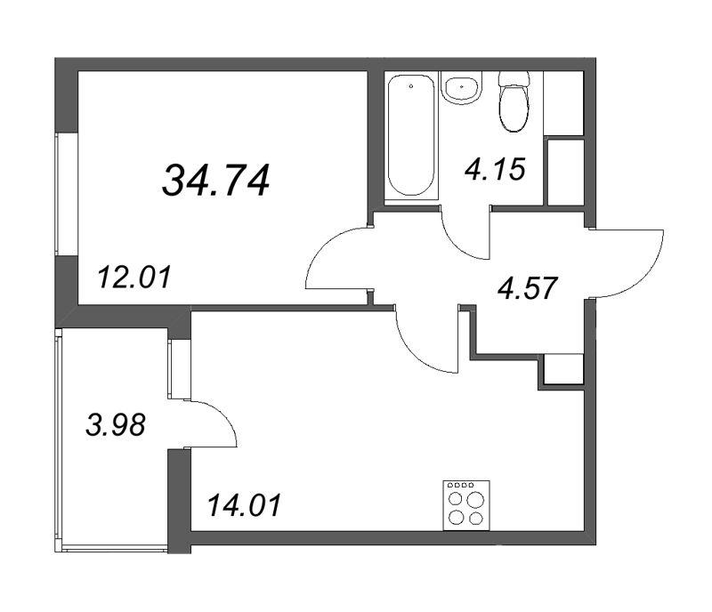 1-комнатная квартира, 34.74 м² в ЖК "Ясно.Янино" - планировка, фото №1