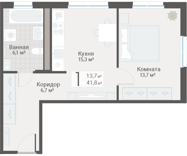 2-комнатная (Евро) квартира, 41.8 м² в ЖК "Руднева 15" - планировка, фото №1