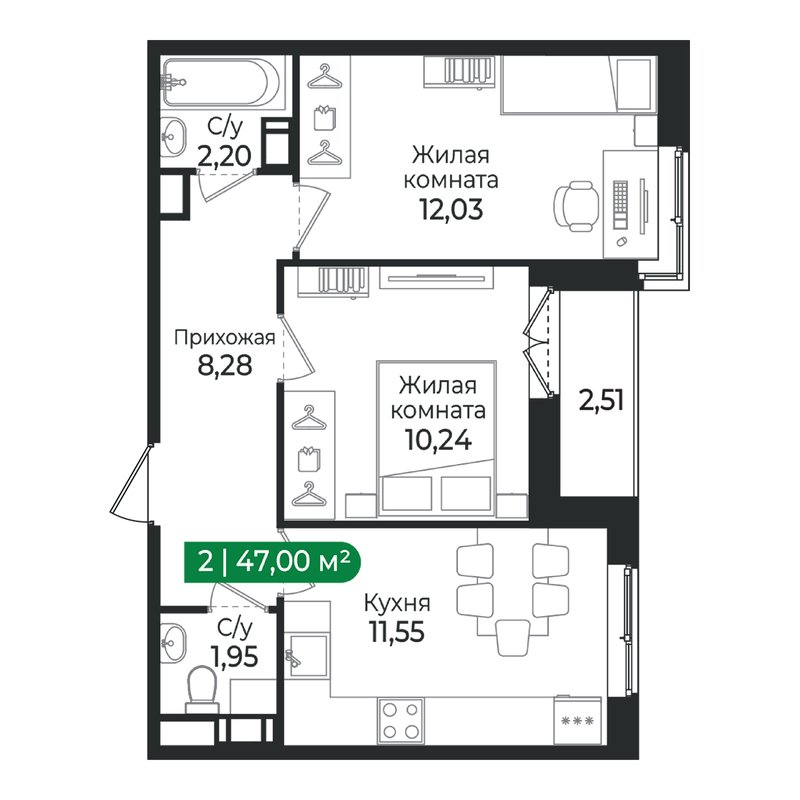 2-комнатная квартира, 47 м² в ЖК "Сертолово Парк" - планировка, фото №1