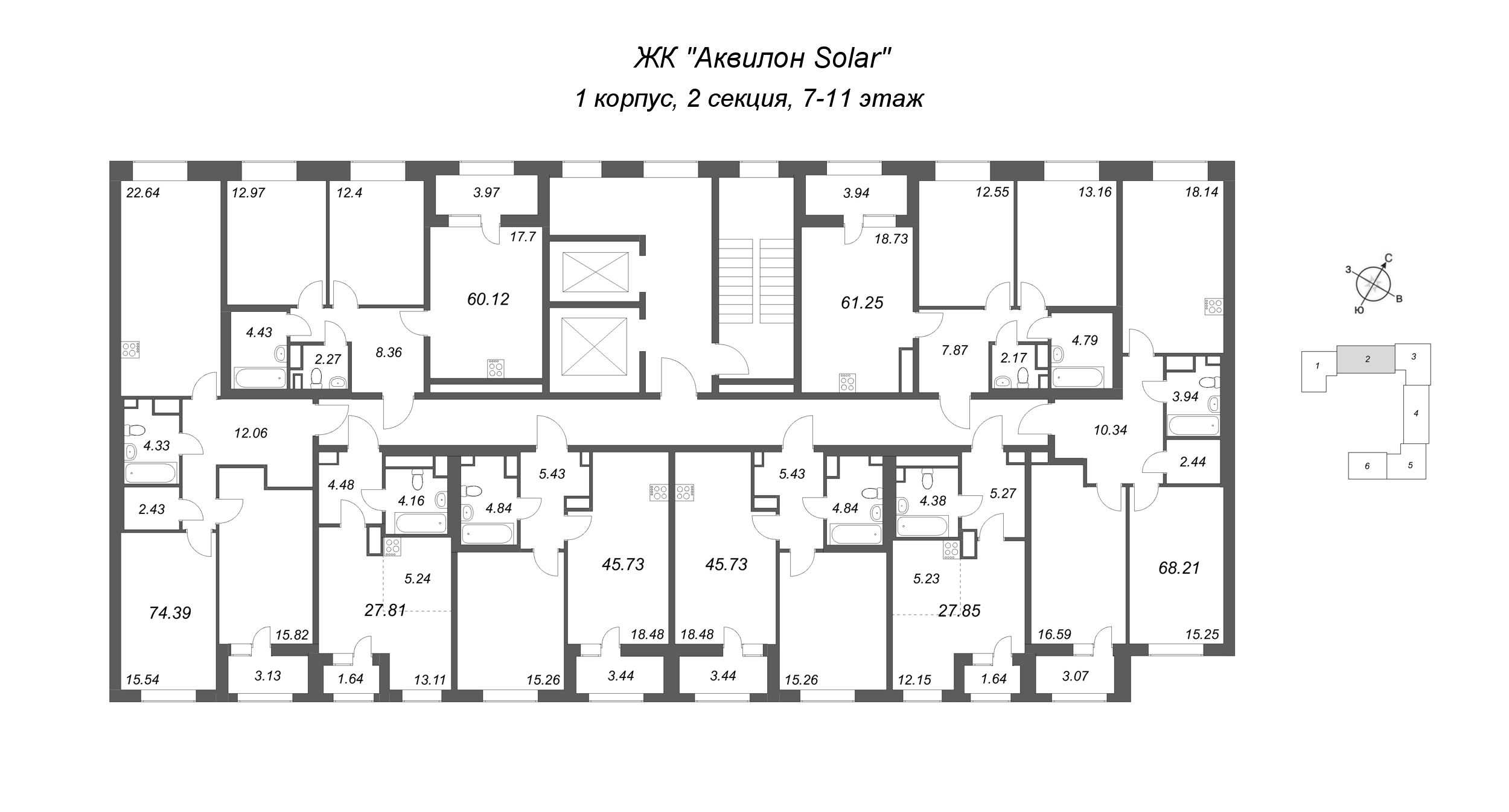 3-комнатная (Евро) квартира, 60.12 м² в ЖК "Аквилон Солар" - планировка этажа