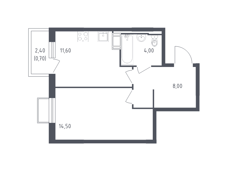 1-комнатная квартира, 38.8 м² в ЖК "Курортный Квартал" - планировка, фото №1