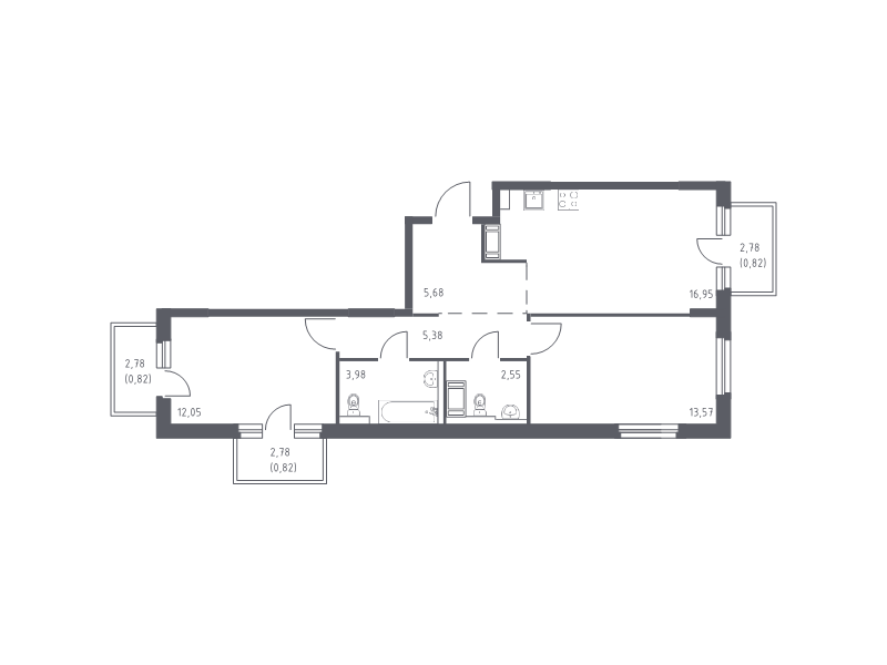 3-комнатная (Евро) квартира, 62.62 м² - планировка, фото №1