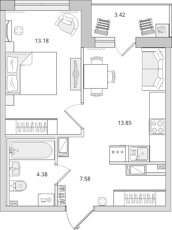 1-комнатная квартира, 38.99 м² в ЖК "Чёрная речка" - планировка, фото №1