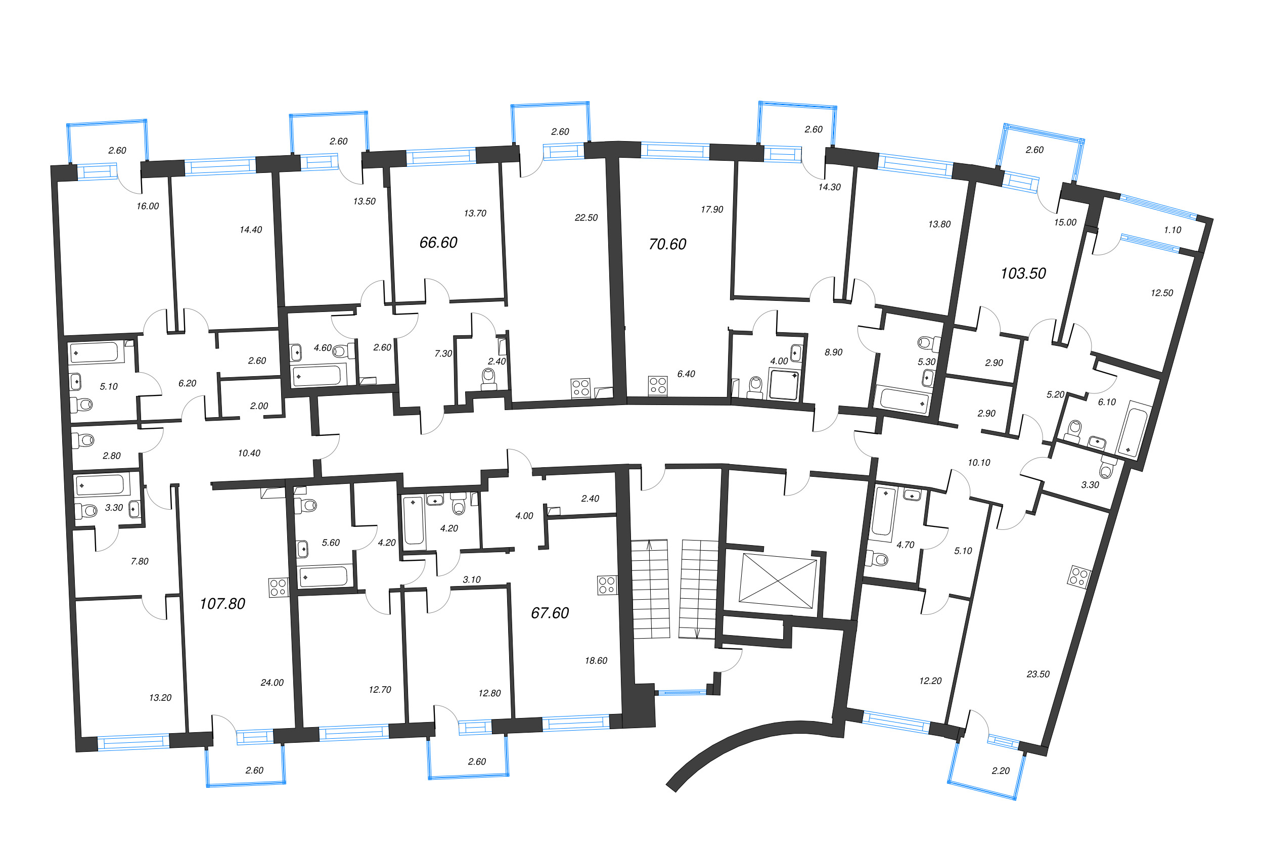 3-комнатная (Евро) квартира, 67.6 м² в ЖК "Цвет Зеленогорска" - планировка этажа