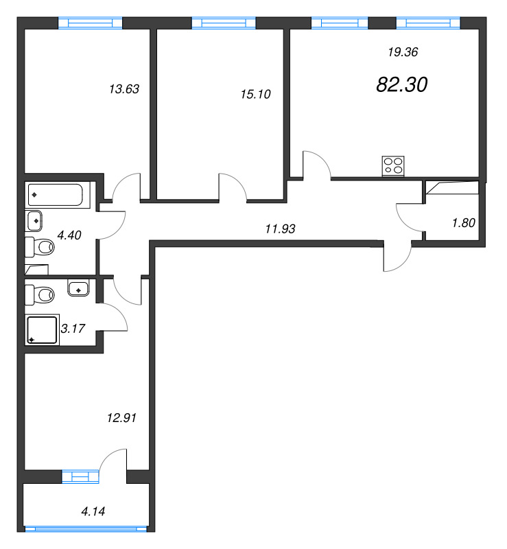 4-комнатная (Евро) квартира, 82.3 м² в ЖК "Любоград" - планировка, фото №1