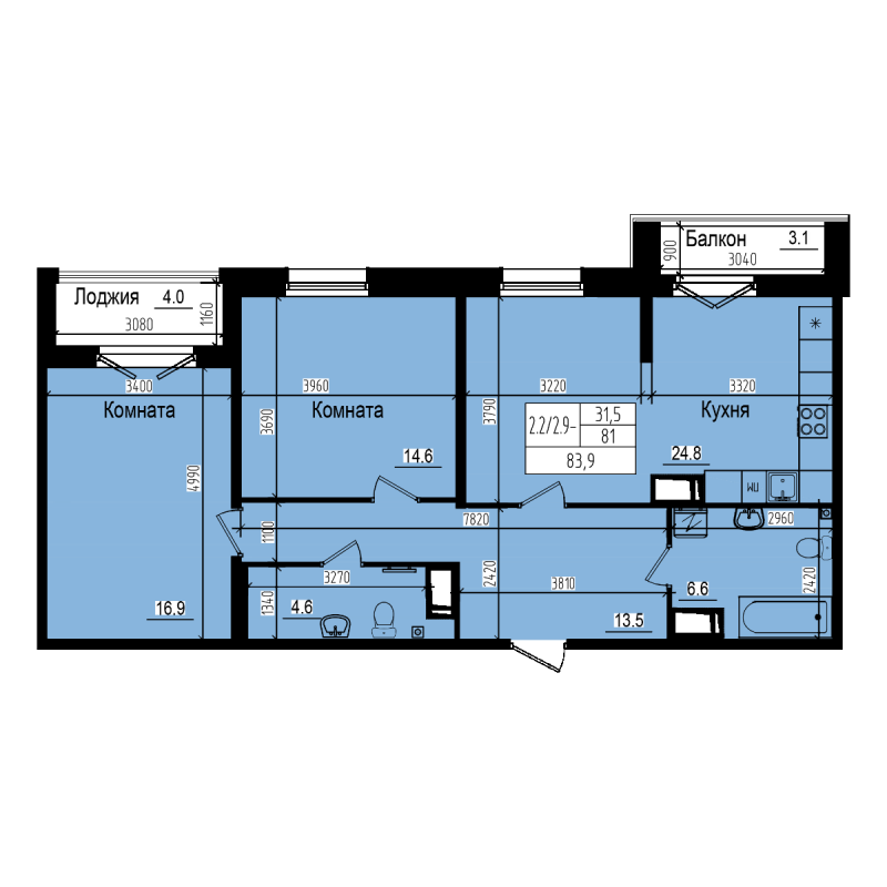 3-комнатная (Евро) квартира, 83.9 м² в ЖК "ПРАГМА city" - планировка, фото №1