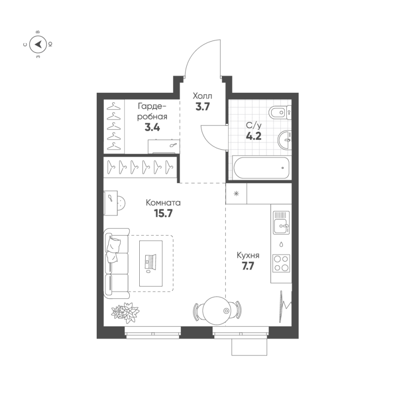 Квартира-студия, 34.7 м² - планировка, фото №1