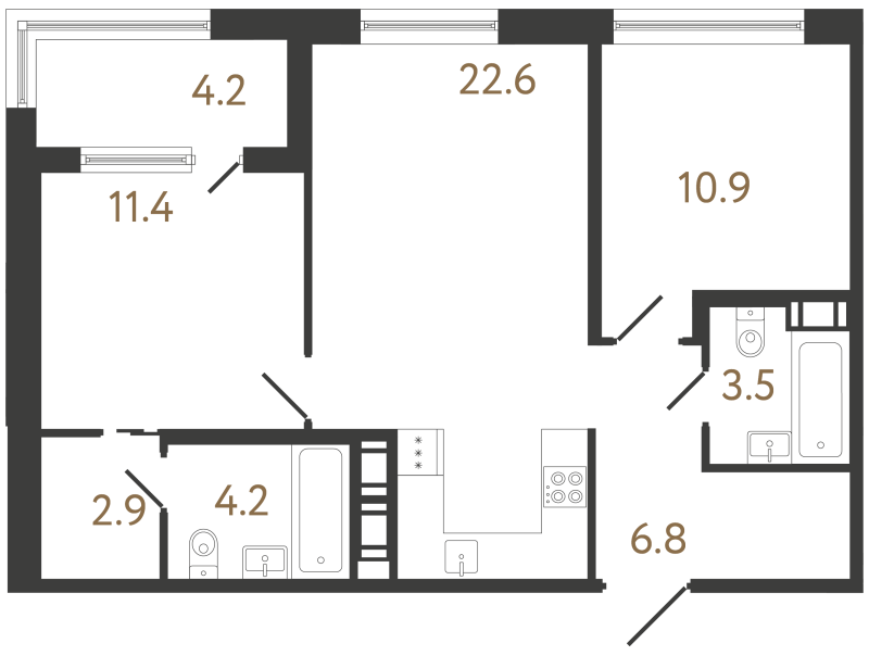 3-комнатная (Евро) квартира, 62.3 м² в ЖК "Передвижники 2" - планировка, фото №1