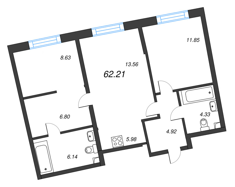 3-комнатная (Евро) квартира, 62.21 м² в ЖК "Бульвар Грина" - планировка, фото №1