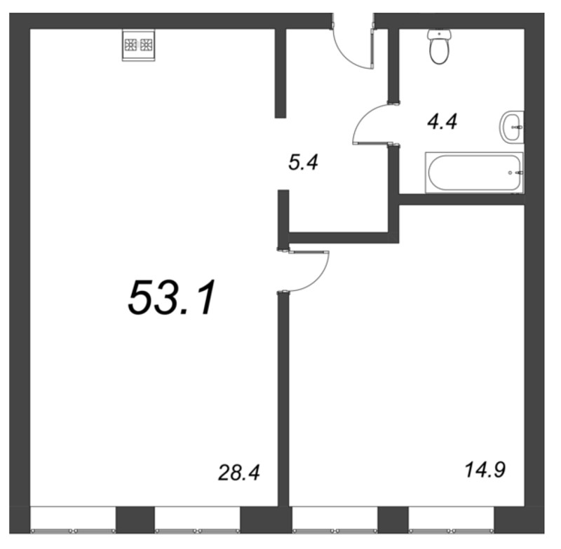 2-комнатная (Евро) квартира, 53.1 м² - планировка, фото №1