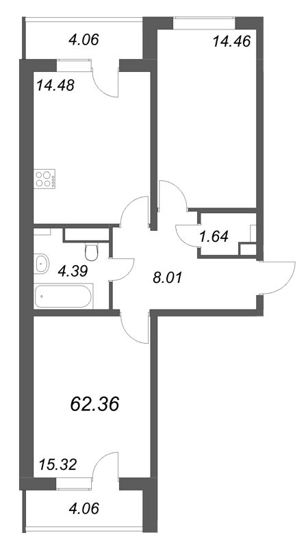 2-комнатная квартира, 62.36 м² в ЖК "АРО" - планировка, фото №1